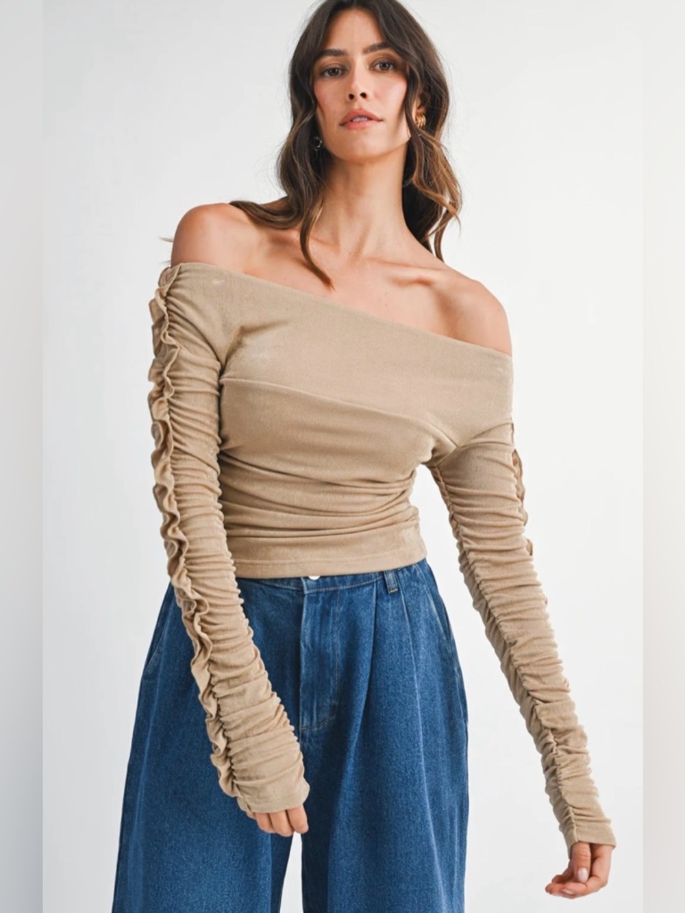 Off-Shoulder Ruched Long Sleeve Top - Beige